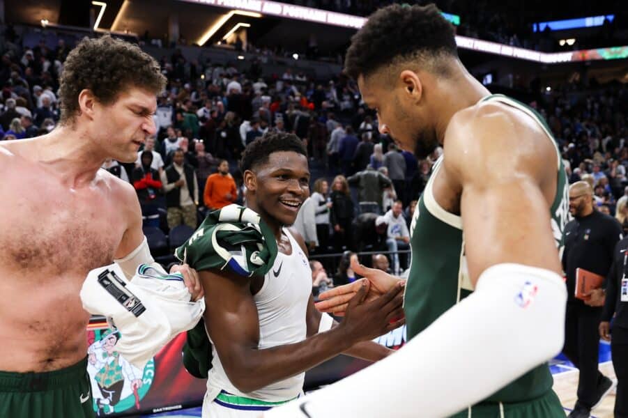 Giannis Antetokounmpo praises Anthony Edwards as relentless force 3 Feb 23, 2024; Minneapolis, Minnesota, USA; Minnesota Timberwolves guard Anthony Edwards (5) and Milwaukee Bucks forward Giannis Antetokounmpo (34) shake hands after the game at Target Center. Mandatory Credit: Matt Krohn-Imagn Images
