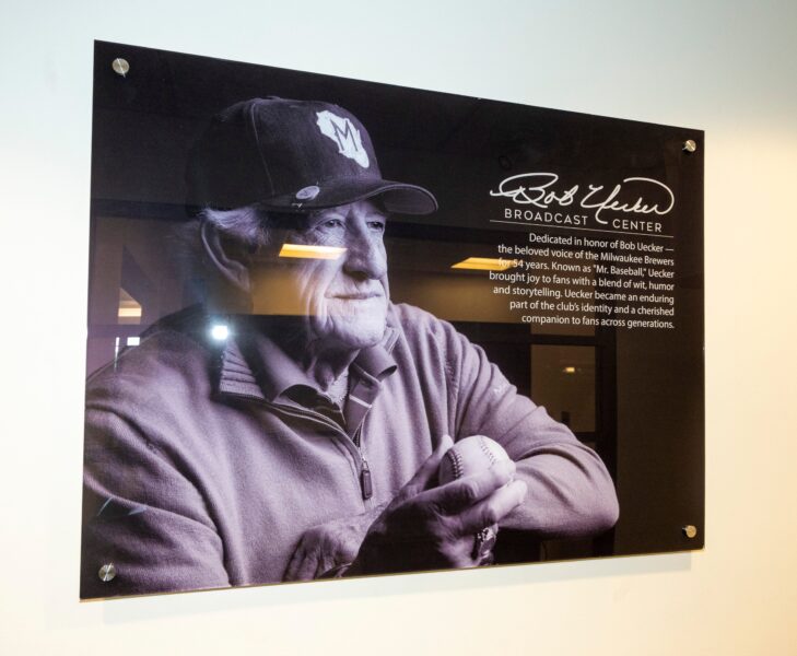 A plaque honoring Bob Uecker is seen in the newly named Bob Uecker Broadcast Center during the Milwaukee Brewers' Bob Uecker Celebration of Life event on Sunday August 24, 2025 at American Family Field in Milwaukee, WI.