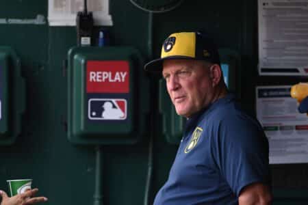Aug 2, 2025; Washington, District of Columbia, USA; Milwaukee Brewers manager Pat Murphy (49) stands in the dugout before a game against the Washington Nationals at Nationals Park. Mandatory Credit: Rafael Suanes-Imagn Images