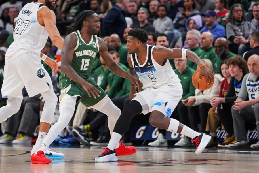 Giannis Antetokounmpo praises Anthony Edwards as relentless force 2 Feb 12, 2025; Minneapolis, Minnesota, USA; Minnesota Timberwolves guard Anthony Edwards (5) dribbles against Milwaukee Bucks forward Taurean Prince (12) in the third quarter at Target Center. Mandatory Credit: Brad Rempel-Imagn Images