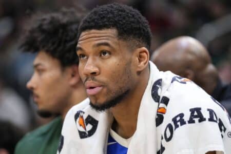 Brian Windhorst fuels fresh Giannis Antetokounmpo trade buzz as Bucks face crucial season Feb 23, 2025; Milwaukee, Wisconsin, USA; Milwaukee Bucks forward Giannis Antetokounmpo (34) looks on during the second quarter against the Miami Heat at Fiserv Forum. Mandatory Credit: Jeff Hanisch-Imagn Images