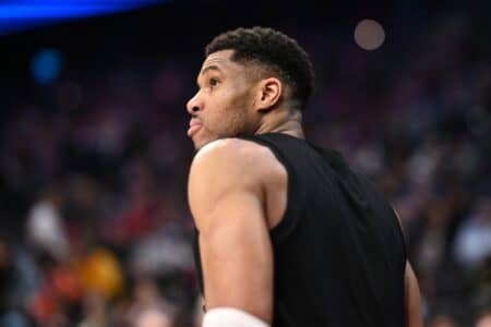 Apr 3, 2025; Philadelphia, Pennsylvania, USA; Milwaukee Bucks forward Giannis Antetokounmpo (34) looks on before the third quarter against the Philadelphia 76ers at Wells Fargo Center. Mandatory Credit: Kyle Ross-Imagn Images