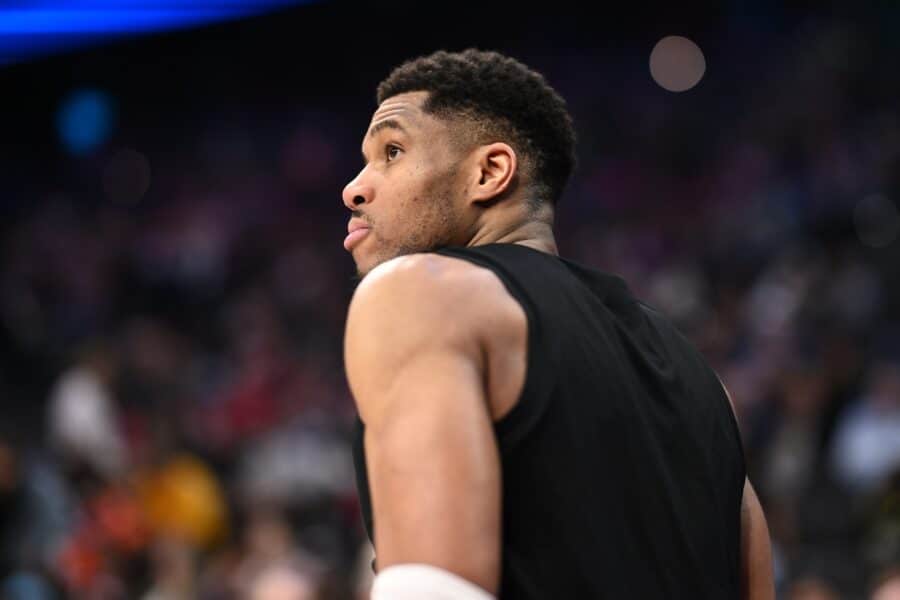 Apr 3, 2025; Philadelphia, Pennsylvania, USA; Milwaukee Bucks forward Giannis Antetokounmpo (34) looks on before the third quarter against the Philadelphia 76ers at Wells Fargo Center. Mandatory Credit: Kyle Ross-Imagn Images