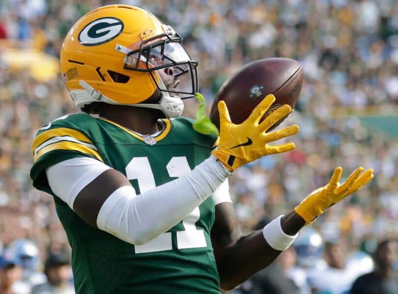 Green Bay Packers wide receiver Jayden Reed (11) catches a second quarter touchdown pass against the Detroit Lions on Sunday, September 7, 2025, at Lambeau Field in Green Bay, Wis. Wm. Glasheen USA TODAY NETWORK-Wisconsin