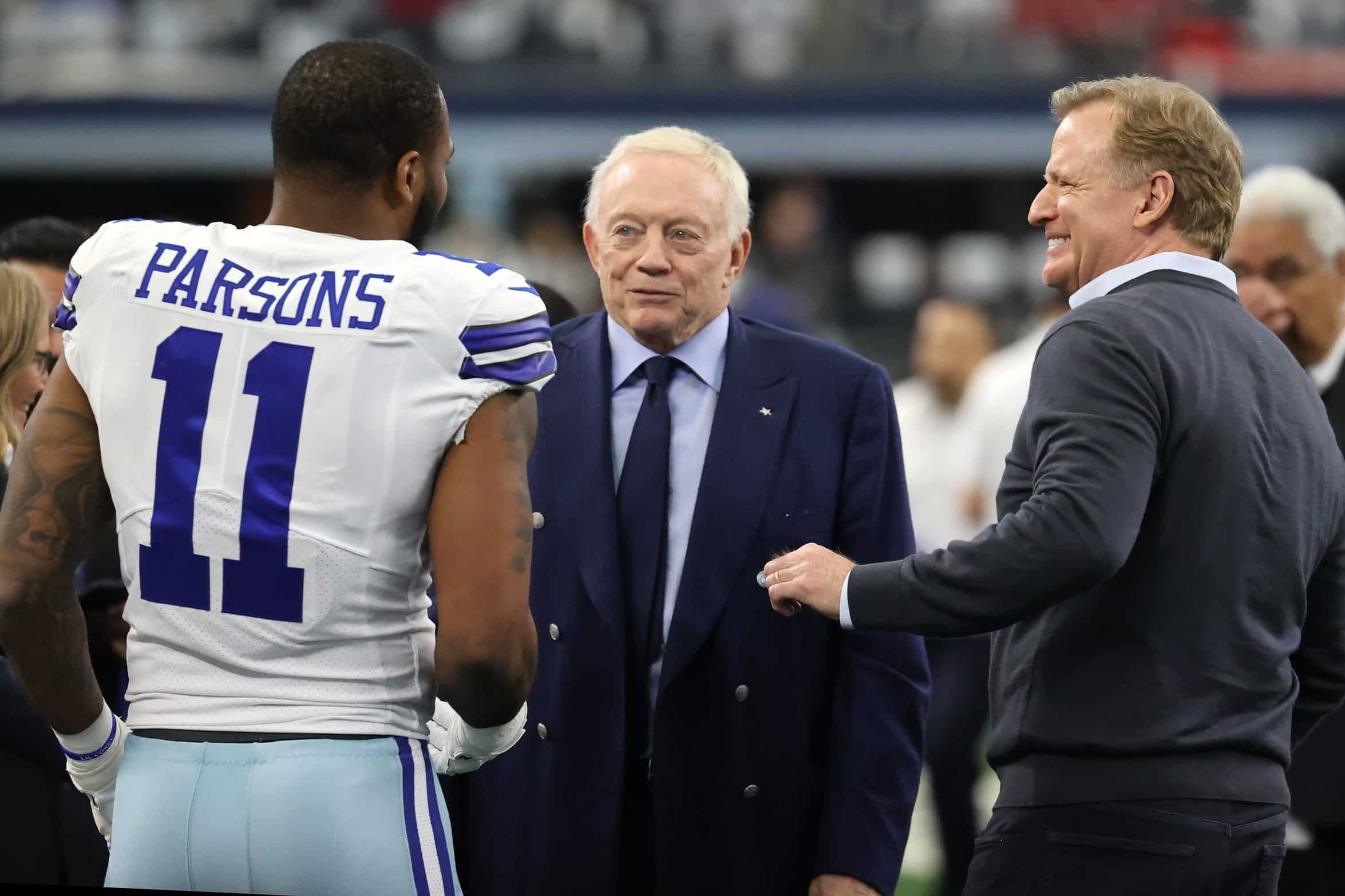 Jerry Jones Sends Direct Message To Micah Parsons After ACL Tear (Report) 1 Jan 16, 2022; Arlington, Texas, USA; Dallas Cowboys outside linebacker Micah Parsons (11) meets with owner Jerry Jones (center) and NFL commissioner Roger Goodell (right) prior to the NFC Wild Card playoff football game against the San Francisco 49ers at AT&T Stadium. Mandatory Credit: Kevin Jairaj-USA TODAY Sports