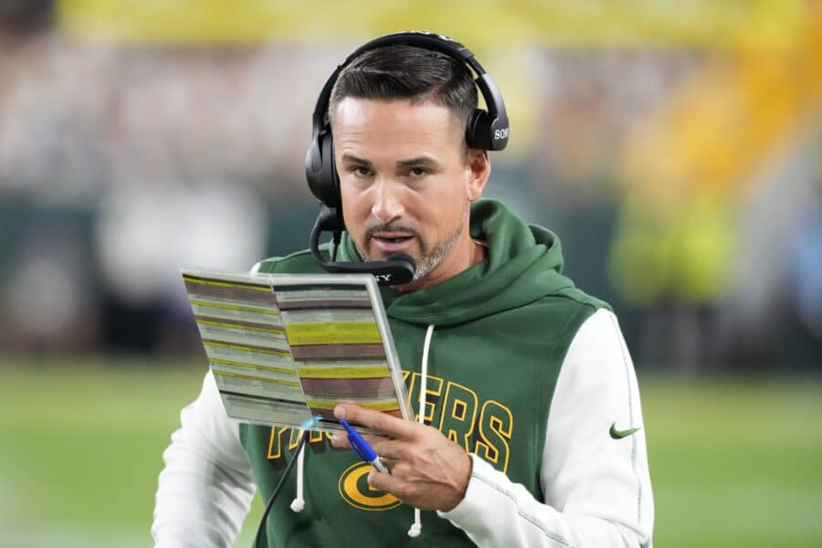 Sep 11, 2025; Green Bay, Wisconsin, USA; Green Bay Packers head coach Matt LaFleur looks on in the first quarter against the Washington Commanders at Lambeau Field. Mandatory Credit: Jeff Hanisch-Imagn Images
