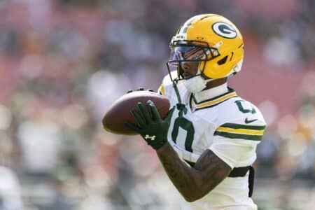 Sep 21, 2025; Cleveland, Ohio, USA; Green Bay Packers wide receiver Matthew Golden (0) catches the ball during warm ups before the game against the Cleveland Browns at Huntington Bank Field. Mandatory Credit: Scott Galvin-Imagn Images