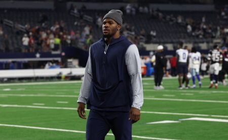 Aug 22, 2025; Arlington, Texas, USA; Dallas Cowboys defensive end Micah Parsons walks off the field after the game against the Atlanta Falcons at AT&T Stadium. Mandatory Credit: Kevin Jairaj-Imagn Images