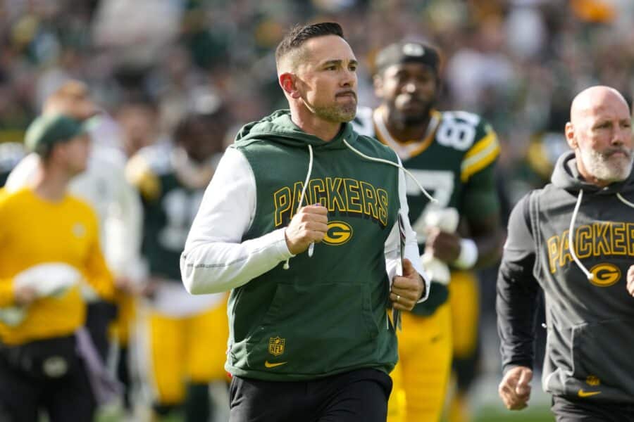 Sep 7, 2025; Green Bay, Wisconsin, USA; Green Bay Packers head coach Matt LaFleur during the game against the Detroit Lions at Lambeau Field. Mandatory Credit: Jeff Hanisch-Imagn Images