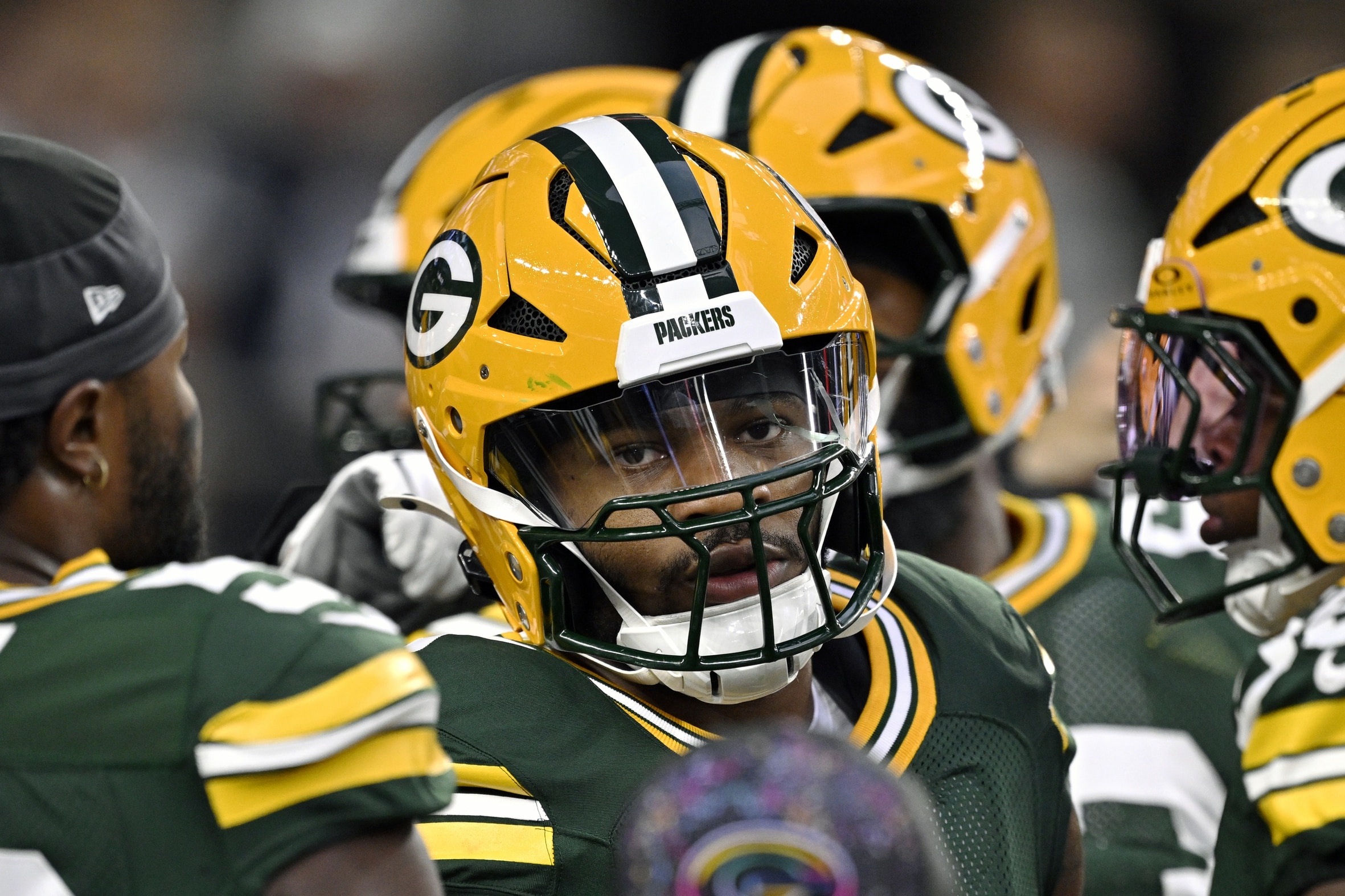 Sep 28, 2025; Arlington, Texas, USA; Green Bay Packers defensive end Micah Parsons (1) warms up before the game against the Dallas Cowboys at AT&T Stadium. Mandatory Credit: Jerome Miron-Imagn Images
