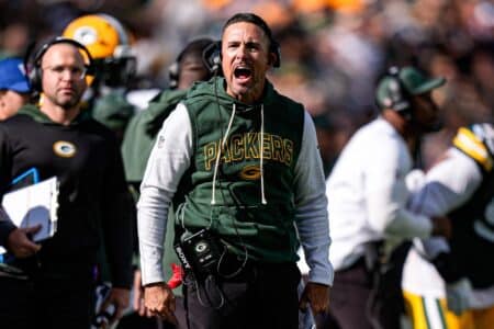 Green Bay Packers head coach Matt LaFleur reacts to a play against Detroit Lions during the first half at Lambeau Field in Green Bay, Wis., on Sunday, September 7, 2025.