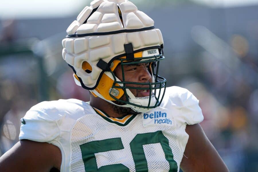 Green Bay Packers guard Zach Tom (50) is shown Tuesday, August 16, 2022 during training camp in Green Bay, Wis. It was the first of two days of joint practices for the Green Bay Packers and New Orleans Saints. Packers16 13