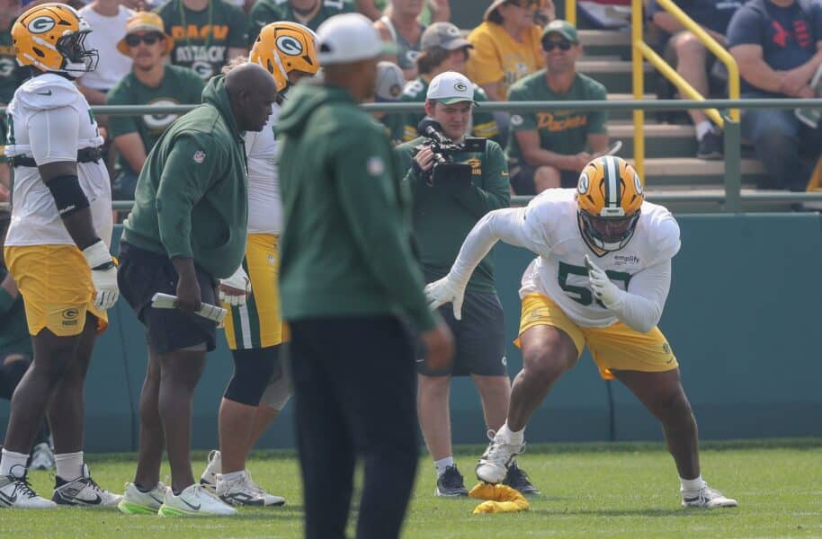 Green Bay Packers offensive tackle Zach Tom (50) runs through a drill during practice on Thursday, July 31, 2025, at Ray Nitschke Field in Ashwaubenon, Wis. Tork Mason/USA TODAY NETWORK-Wisconsin