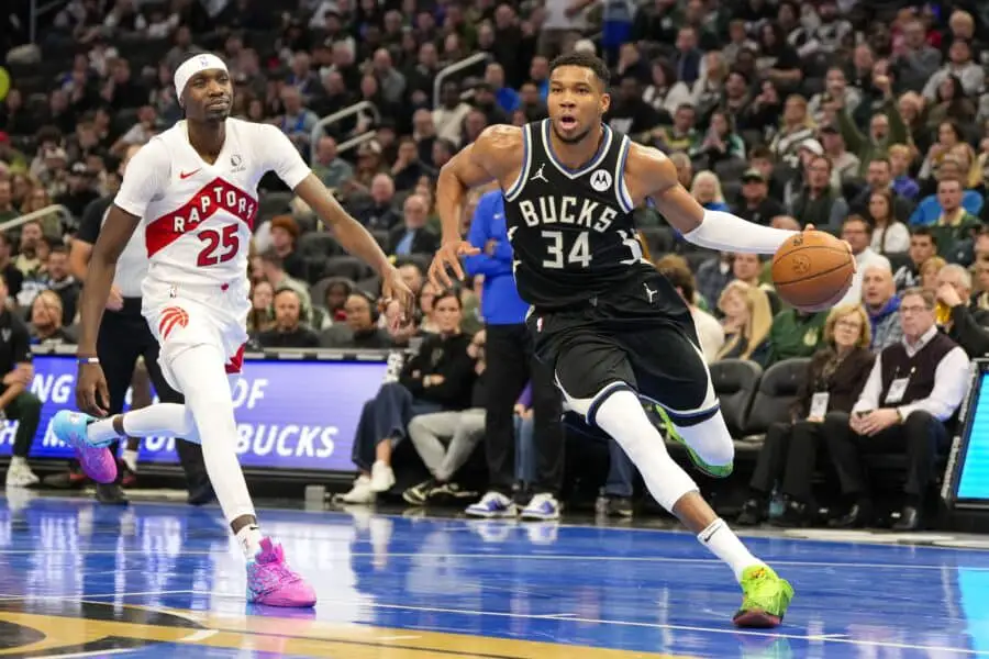 Nov 12, 2024; Milwaukee, Wisconsin, USA; Milwaukee Bucks forward Giannis Antetokounmpo (34) drives for the basket during the third quarter against the Toronto Raptors at Fiserv Forum. Mandatory Credit: Jeff Hanisch-Imagn Images