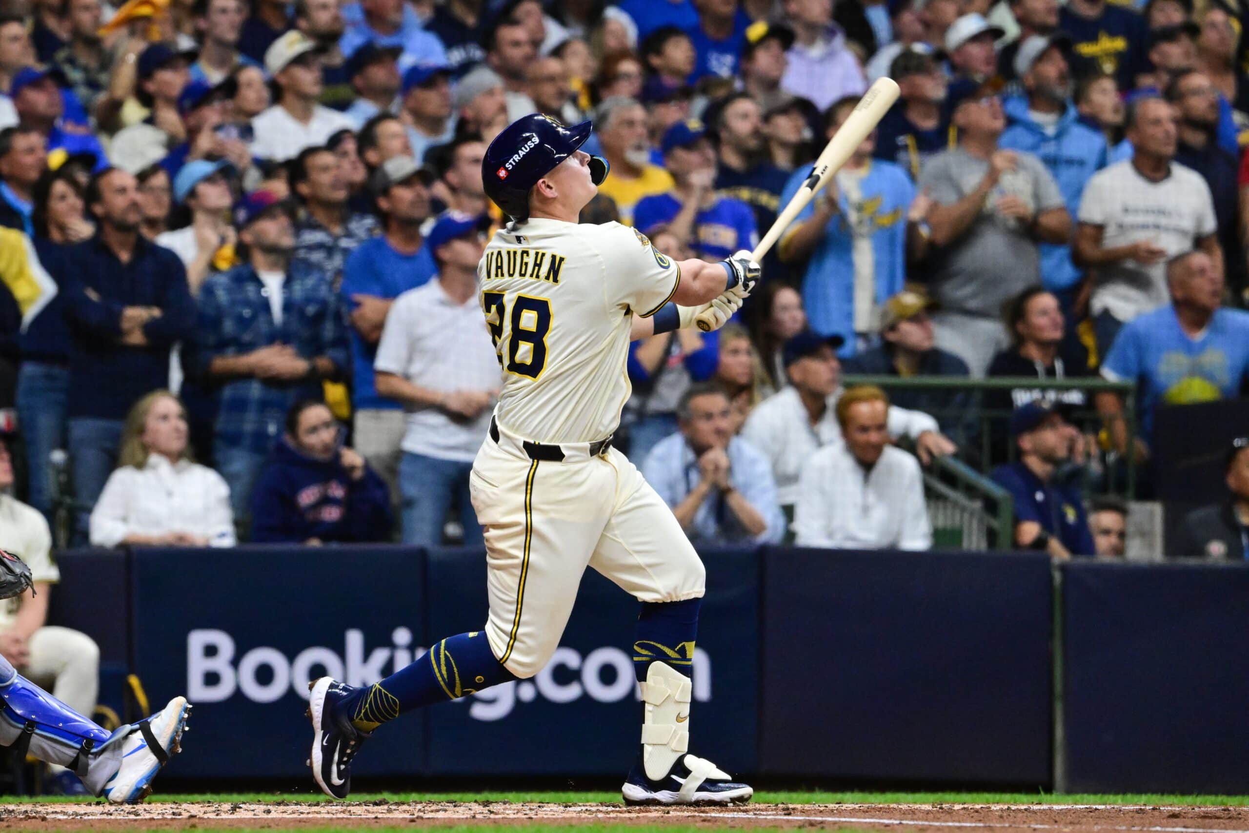 "He's Back" Brewers Retain Star For 2026 Season (Breaking News) 1 Oct 6, 2025; Milwaukee, Wisconsin, USA; Milwaukee Brewers first baseman Andrew Vaughn (28) hits a three run home run during the first inning against the Chicago Cubs during game two of the NLDS round for the 2025 MLB playoffs at American Family Field. Mandatory Credit: Benny Sieu-Imagn Images