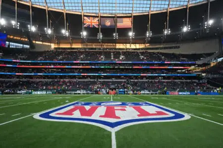 NFL’s Remaining International Series Have Massive Playoff Implications Oct 12, 2025; Tottenham, United Kingdom; General view of the NFL shield after an NFL International Series game between the Denver Broncos and the New York Jets at Tottenham Hotspur Stadium. Mandatory Credit: Kirby Lee-Imagn Images