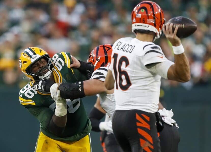 Green Bay Packers Schedule Retrospective... Just How Impressive Is Team's 5-1-1 Record in Hindsight? 5 Green Bay Packers defensive end Colby Wooden (96) rushes Cincinnati Bengals quarterback Joe Flacco (16)