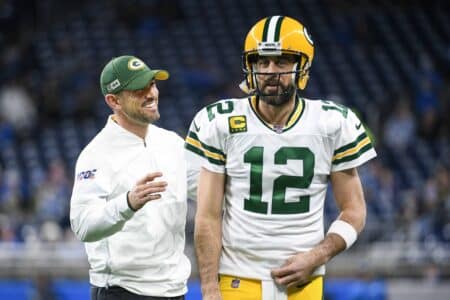 Green Bay Packers: Matt LaFleur responds to Aaron Rodgers defending him to media following loss in NFL Playoffs Dec 29, 2019; Detroit, Michigan, USA; Green Bay Packers head coach Matt LaFleur (left) and quarterback Aaron Rodgers (12) before the game against the Detroit Lions at Ford Field. Mandatory Credit: Tim Fuller-Imagn Images