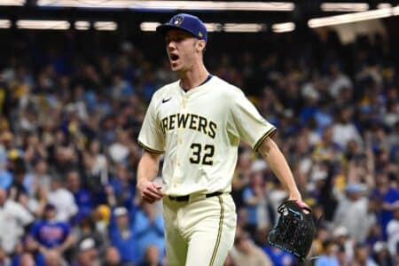 Brewers’ Jacob Misiorowski draws interesting take from president Matt Arnold Oct 11, 2025; Milwaukee, Wisconsin, USA; Milwaukee Brewers pitcher Jacob Misiorowski (32) reacts in the fifth inning against the Chicago Cubs during game five of the NLDS round for the 2025 MLB playoffs at American Family Field. Mandatory Credit: Benny Sieu-Imagn Images