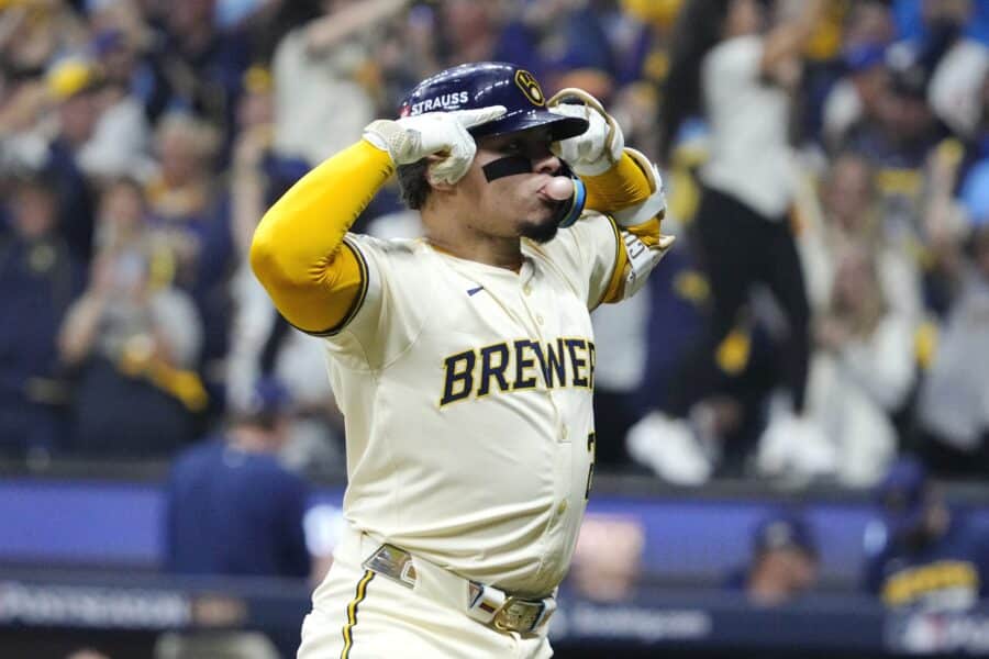 Wow-worthy offer could persuade Brewers to trade 2-time All-Star, team reporter suggests 1 Oct 11, 2025; Milwaukee, Wisconsin, USA; Milwaukee Brewers catcher William Contreras (24) celebrates after hitting a solo home run against the Chicago Cubs in the first inning during game five of the NLDS round for the 2025 MLB playoffs at American Family Field. Mandatory Credit: Michael McLoone-Imagn Images