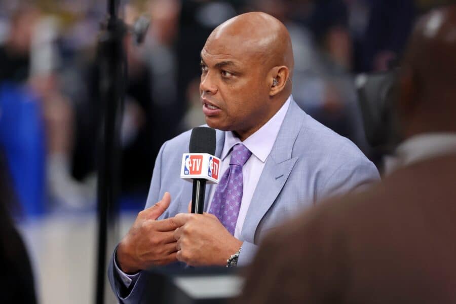 Jun 12, 2024; Dallas, Texas, USA; NBA TV analyst Charles Barkley talks on set before game three of the 2024 NBA Finals between the Boston Celtics and the Dallas Mavericks at American Airlines Center. Mandatory Credit: Kevin Jairaj-Imagn Images