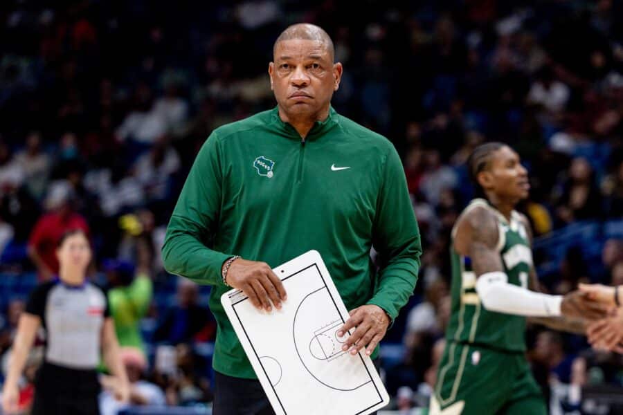 Doc Riversโ experiment backfires as all-bench units struggle for the Bucks Apr 6, 2025; New Orleans, Louisiana, USA; Milwaukee Bucks head coach Doc Rivers looks on against the New Orleans Pelicans during the second half at Smoothie King Center. Mandatory Credit: Stephen Lew-Imagn Images