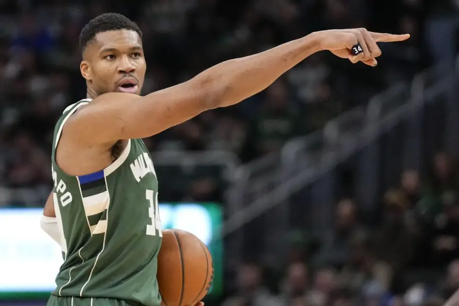 Jan 8, 2025; Milwaukee, Wisconsin, USA; Milwaukee Bucks forward Giannis Antetokounmpo (34) gestures during the third quarter against the San Antonio Spurs at Fiserv Forum. Mandatory Credit: Jeff Hanisch-Imagn Images