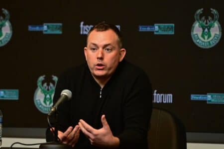 GM Jon Horst Vows Bucks and Giannis Antetokounmpo synergy Jan 24, 2024; Milwaukee, Wisconsin, USA; Milwaukee Bucks general manager Jon Horst address the media after head coach Adrian Griffin (not pictured) was dismissed at Fiserv Forum. Mandatory Credit: Benny Sieu-Imagn Images