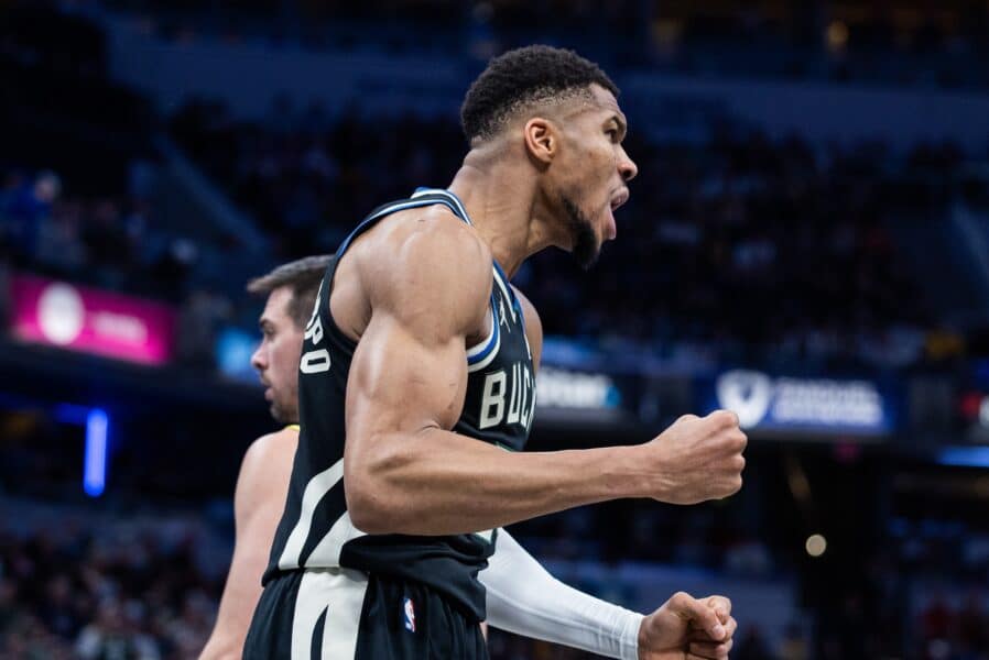 Dec 31, 2024; Indianapolis, Indiana, USA; Milwaukee Bucks forward Giannis Antetokounmpo (34) celebrates a made shot in the second half against the Indiana Pacers at Gainbridge Fieldhouse. Mandatory Credit: Trevor Ruszkowski-Imagn Images