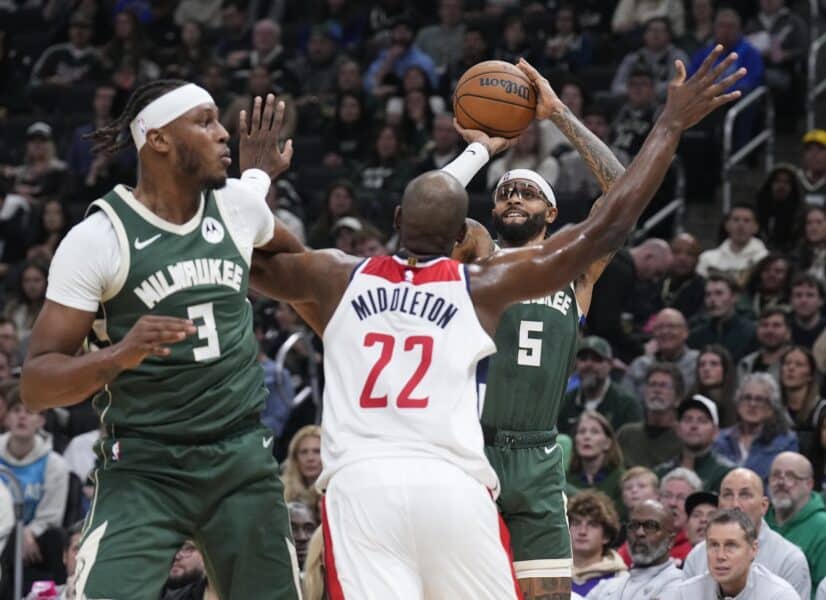Milwaukee Bucks: Doc Rivers Has A Big Gary Trent Jr. Problem 4 Oct 22, 2025; Milwaukee, Wisconsin, USA; Milwaukee Bucks guard Gary Trent Jr. (5) puts up a shot against Washington Wizards forward Khris Middleton (22) in the first half at Fiserv Forum. Mandatory Credit: Michael McLoone-Imagn Images