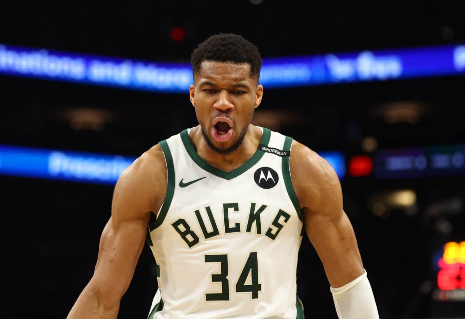 Mar 24, 2025; Phoenix, Arizona, USA; Milwaukee Bucks forward Giannis Antetokounmpo (34) celebrates a play against the Phoenix Suns at Footprint Center. Mandatory Credit: Mark J. Rebilas-Imagn Images