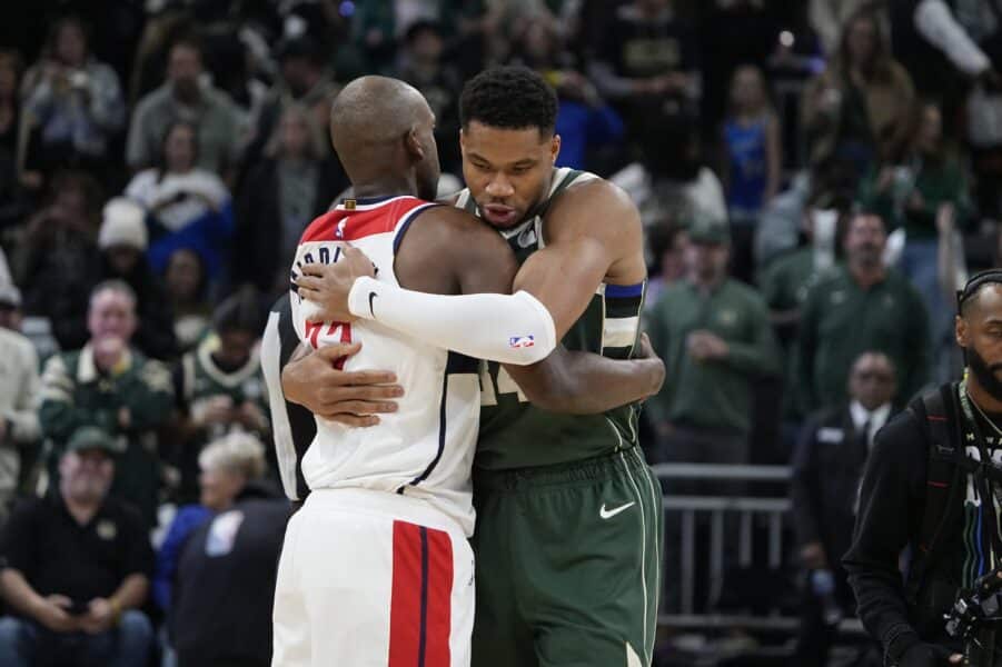 Former Bucks star Khris Middleton gets emotional tribute in Milwaukee return 4 Oct 22, 2025; Milwaukee, Wisconsin, USA; Milwaukee Bucks forward Giannis Antetokounmpo (34) embraces Washington Wizards forward Khris Middleton (22) before their game at Fiserv Forum. It was Washington Wizards forward Khris Middleton (22) first return after being traded laster year. Mandatory Credit: Michael McLoone-Imagn Images
