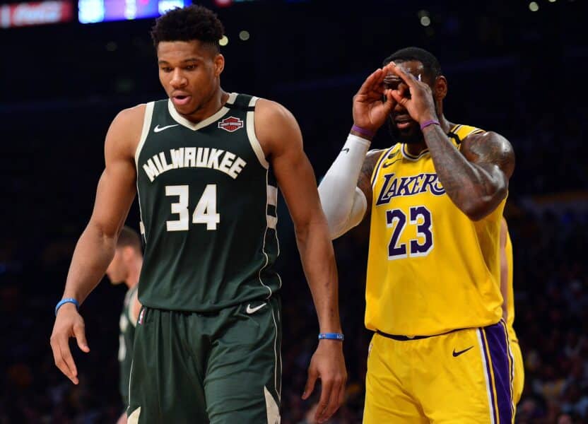 March 6, 2020; Los Angeles, California, USA; Los Angeles Lakers forward LeBron James (23) reacts toward Milwaukee Bucks forward Giannis Antetokounmpo (34) during the second half at Staples Center. Mandatory Credit: Gary A. Vasquez-USA TODAY Sports
