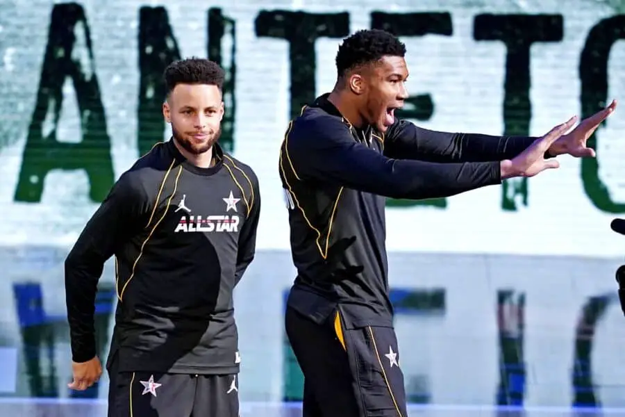 Bucks could swap Giannis Antetokounmpo for young core and picks in bonkers hypothetical 3 Mar 7, 2021; Atlanta, Georgia, USA; Team LeBron guard Stephen Curry of the Golden State Warriors (30) and Team LeBron forward Giannis Antetokounmpo of the Milwaukee Bucks (34) before the 2021 NBA All-Star Game at State Farm Arena. Mandatory Credit: Dale Zanine-Imagn Images