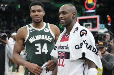 Former Bucks star Khris Middleton gets emotional tribute in Milwaukee return Oct 22, 2025; Milwaukee, Wisconsin, USA; Milwaukee Bucks forward Giannis Antetokounmpo (34) and Washington Wizards forward Khris Middleton (22) former teammates talk to each other after their game at Fiserv Forum. Mandatory Credit: Michael McLoone-Imagn Images