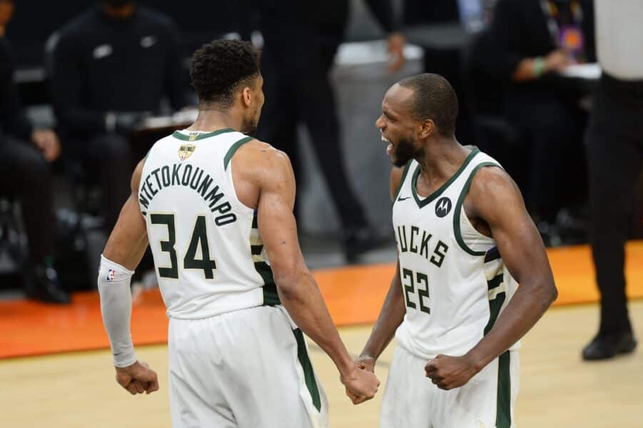 Who, when, where: Bucks schedule includes rendezvous with top 3 non-Giannis members of title core 1 Jul 17, 2021; Phoenix, Arizona, USA; Milwaukee Bucks forward Khris Middleton (22) celebrates with Bucks forward Giannis Antetokounmpo (34) after defeating the Phoenix Suns in game five of the 2021 NBA Finals at Phoenix Suns Arena. Mandatory Credit: Joe Camporeale-Imagn Images
