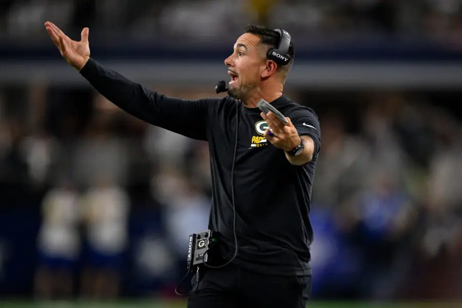 Sep 28, 2025; Arlington, Texas, USA; Green Bay Packers head coach Matt LaFleur motions from the sidelines during the game between the Dallas Cowboys and the Green Bay Packers at AT&T Stadium. Mandatory Credit: Jerome Miron-Imagn Images