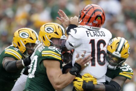 Green Bay Packers: top 3 trade assets reveals by NFL analyst, but they make little sense Oct 12, 2025; Green Bay, Wisconsin, USA; Green Bay Packers defensive end Micah Parsons (1), defensive end Lukas Van Ness (90) and defensive end Rashan Gary (52) pressure Cincinnati Bengals quarterback Joe Flacco (16) during the game at Lambeau Field. Mandatory Credit: William Glasheen-USA TODAY Network via Imagn Images