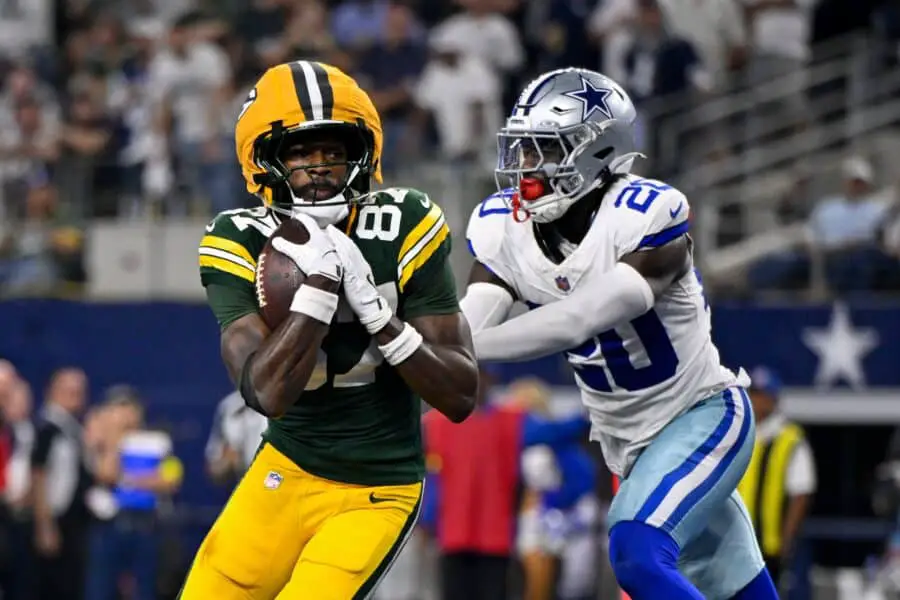 Packers “Silent Assassin” emerges as go-to receiver fueling extension buzz 1 Sep 28, 2025; Arlington, Texas, USA; Green Bay Packers wide receiver Romeo Doubs (87) catches a pass for a touchdown in front of Dallas Cowboys cornerback Kaiir Elam (20) during the game between the Dallas Cowboys and the Green Bay Packers at AT&T Stadium. Mandatory Credit: Jerome Miron-Imagn Images