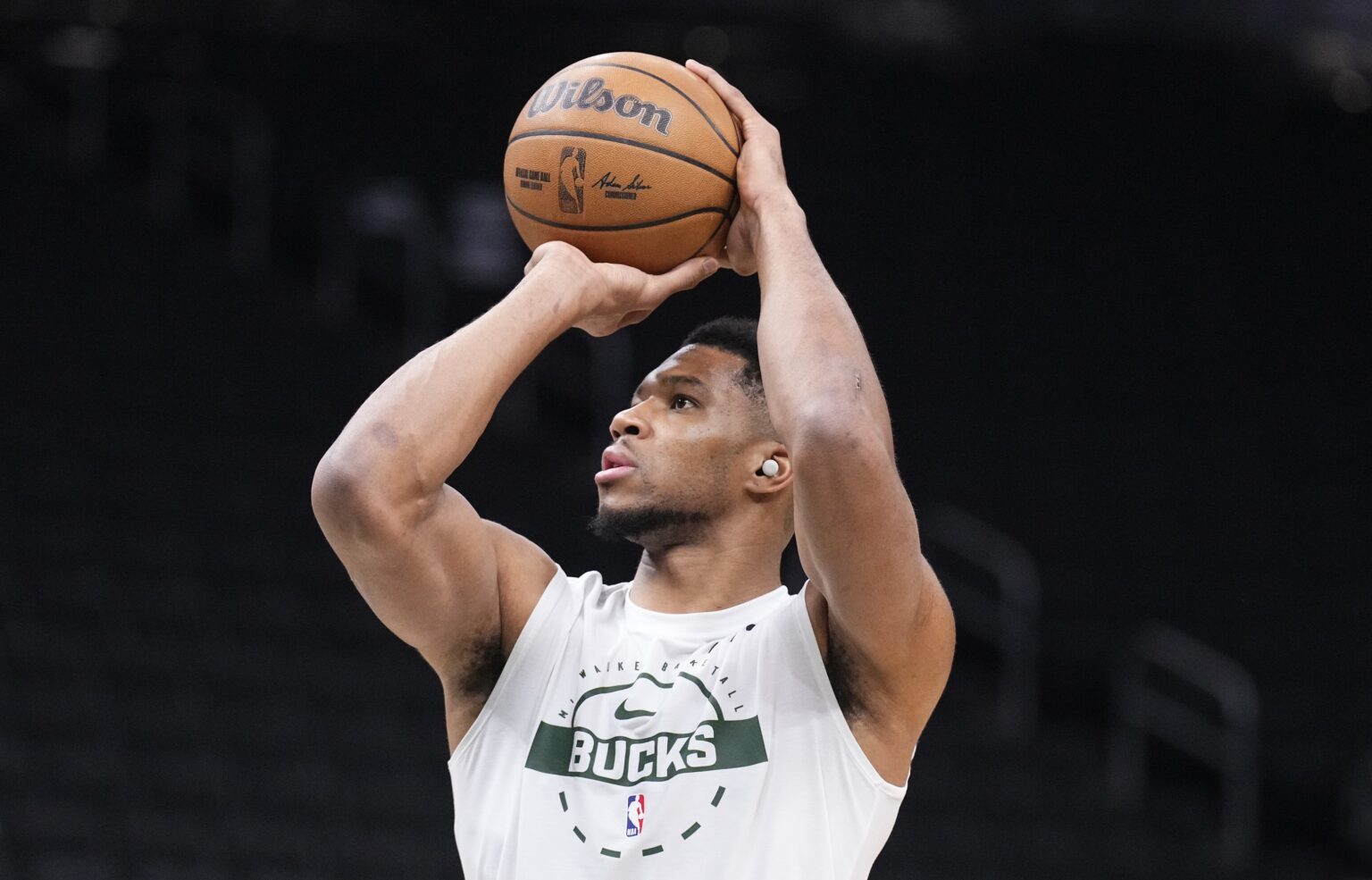 Nov 9, 2025; Milwaukee, Wisconsin, USA; Milwaukee Bucks forward Giannis Antetokounmpo (34) puts up a shot during pregame warmups before a game against Houston Rockets at Fiserv Forum. Mandatory Credit: Michael McLoone-Imagn Images