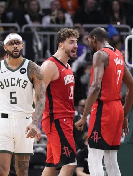 Doc Rivers frustrated as Bucks let win slip against KD and the Rockets 2 Nov 9, 2025; Milwaukee, Wisconsin, USA; Houston Rockets center Alperen Sengun (28) and Houston Rockets forward Kevin Durant (7) celebrate a 122-113 win over the Milwaukee Bucks at Fiserv Forum. Mandatory Credit: Michael McLoone-Imagn Images