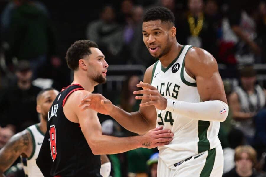 Bucks hunt big upgrade to try to keep Giannis Antetokounmpo 2 Nov 13, 2023; Milwaukee, Wisconsin, USA; Milwaukee Bucks forward Giannis Antetokounmpo (34) and Chicago Bulls guard Zach LaVine (8) hug after the game at Fiserv Forum. Mandatory Credit: Benny Sieu-Imagn Images