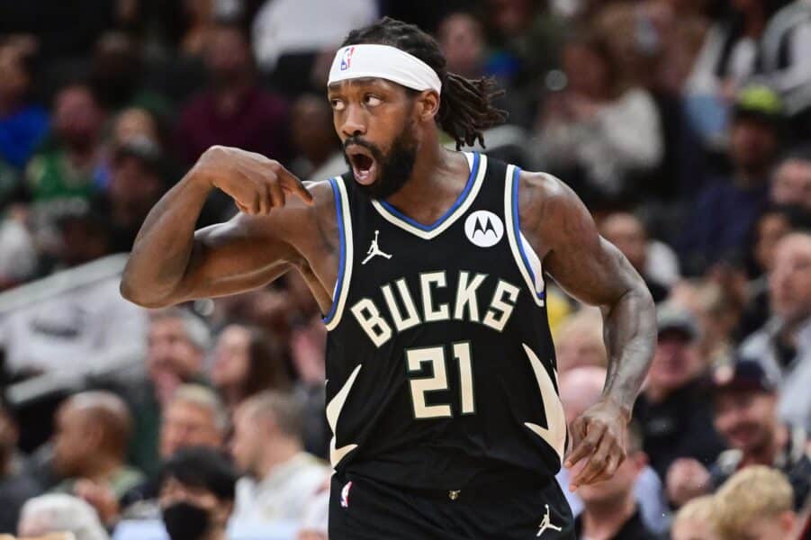 Apr 9, 2024; Milwaukee, Wisconsin, USA; Milwaukee Bucks guard Patrick Beverley (21) reacts after scoring a basket in the third quarter against the Boston Celtics at Fiserv Forum. Mandatory Credit: Benny Sieu-Imagn Images
