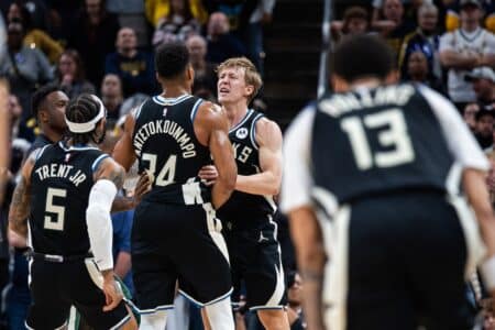 Giannis Antetokounmpo builds chemistry with new teammate and it’s not Myles Turner Nov 3, 2025; Indianapolis, Indiana, USA; Milwaukee Bucks forward Giannis Antetokounmpo (34) celebrates the game winning shot against the Indiana Pacers with teammates in the second half at Gainbridge Fieldhouse. Mandatory Credit: Trevor Ruszkowski-Imagn Images