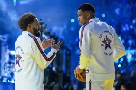 DeMarcus Cousins suggests an unstoppable pairing with Giannis Antetokounmpo February 16, 2025; San Francisco, CA, USA; Chuck’s Global Stars guard Trae Young (11, left) of the Atlanta Hawks and Chuck’s Global Stars forward Giannis Antetokounmpo (34, right) of the Milwaukee Bucks talk before the 2025 NBA All Star Game at Chase Center. Mandatory Credit: Kyle Terada-Imagn Images