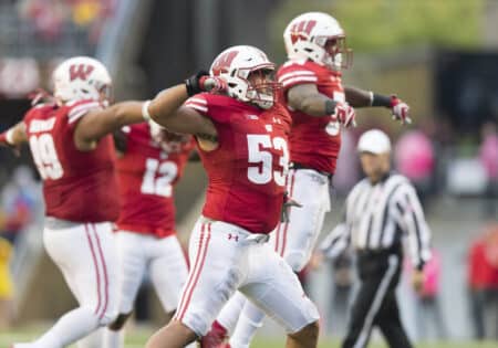 “To The House!” Former Badgers Star Records Pick-6 On First Play Of NFL Primetime Game (Video) Oct 14, 2017; Madison, WI, USA; Wisconsin Badgers linebacker T.J. Edwards (53) celebrates following a missed field goal attempt by the Purdue Boilermakers during the second quarter at Camp Randall Stadium. Mandatory Credit: Jeff Hanisch-Imagn Images