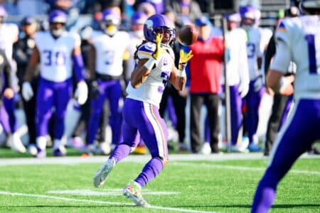 Nov 30, 2025; Seattle, Washington, USA; Minnesota Vikings running back Aaron Jones Sr. (33) catches a pass during the first half against the Seattle Seahawks at Lumen Field. Mandatory Credit: Steven Bisig-Imagn Images