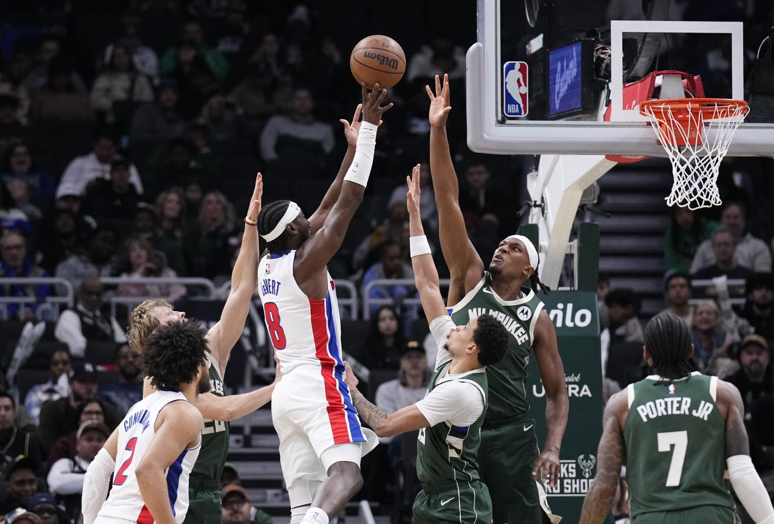 Myles Turner sends strong 'we' message on Bucks after losing Giannis Antetokounmpo to injury 1 Detroit Pistons guard Caris LeVert (8) is surrounded by guard AJ Green (20), Milwaukee Bucks guard Ryan Rollins (13) and center Myles Turner (3).