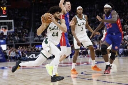 Bucks’ Saturday loss to Pistons snaps 7-year trend Milwaukee Bucks guard Andre Jackson Jr. (44)