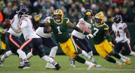Green Bay Packers defensive end Micah Parsons (1) and linebacker Quay Walker (7) pressure Chicago Bears cornerback Jaylon Johnson (1) on Sunday, December 7, 2025, at Lambeau Field in Green Bay, Wis. The Packers defeated the Bears 28-21. Wm. Glasheen USA TODAY NETWORK-Wisconsin